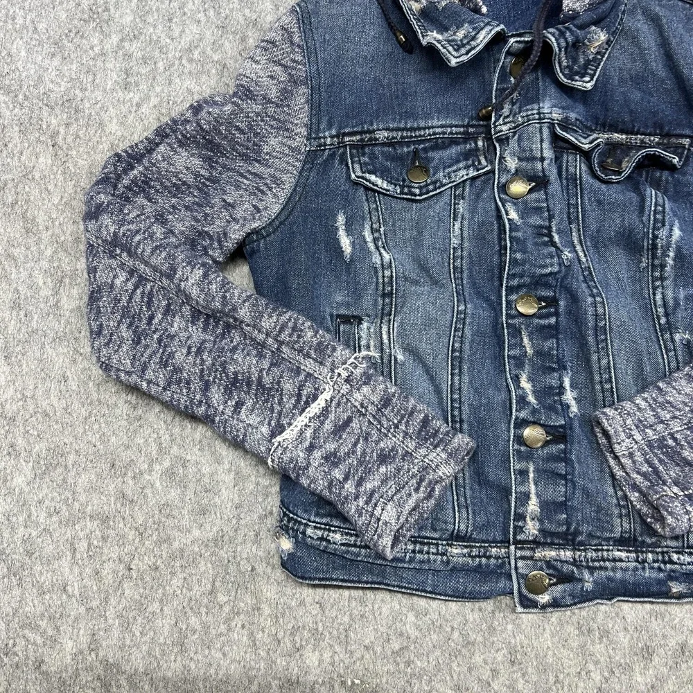 Free People Jacket Womens S Blue Denim Jean Hooded Knit Sleeve Distressed - Picture 10 of 16